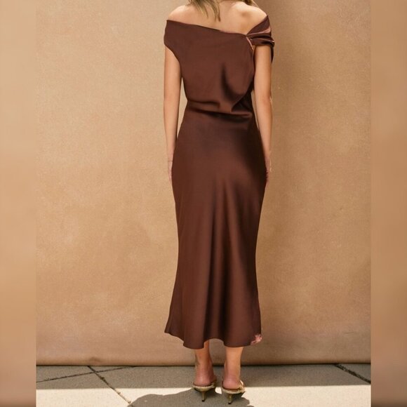 COMING SOON MY HONOR BROWN SATIN OFF SHOULDER MIDI DRESS - Picture 2 of 3